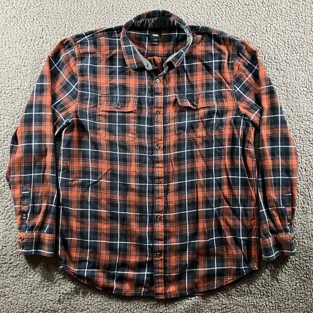 Vans Mens XL Classic Fit Flannel Shirt Orange Navy Blue Plaid Long Sleeve Button